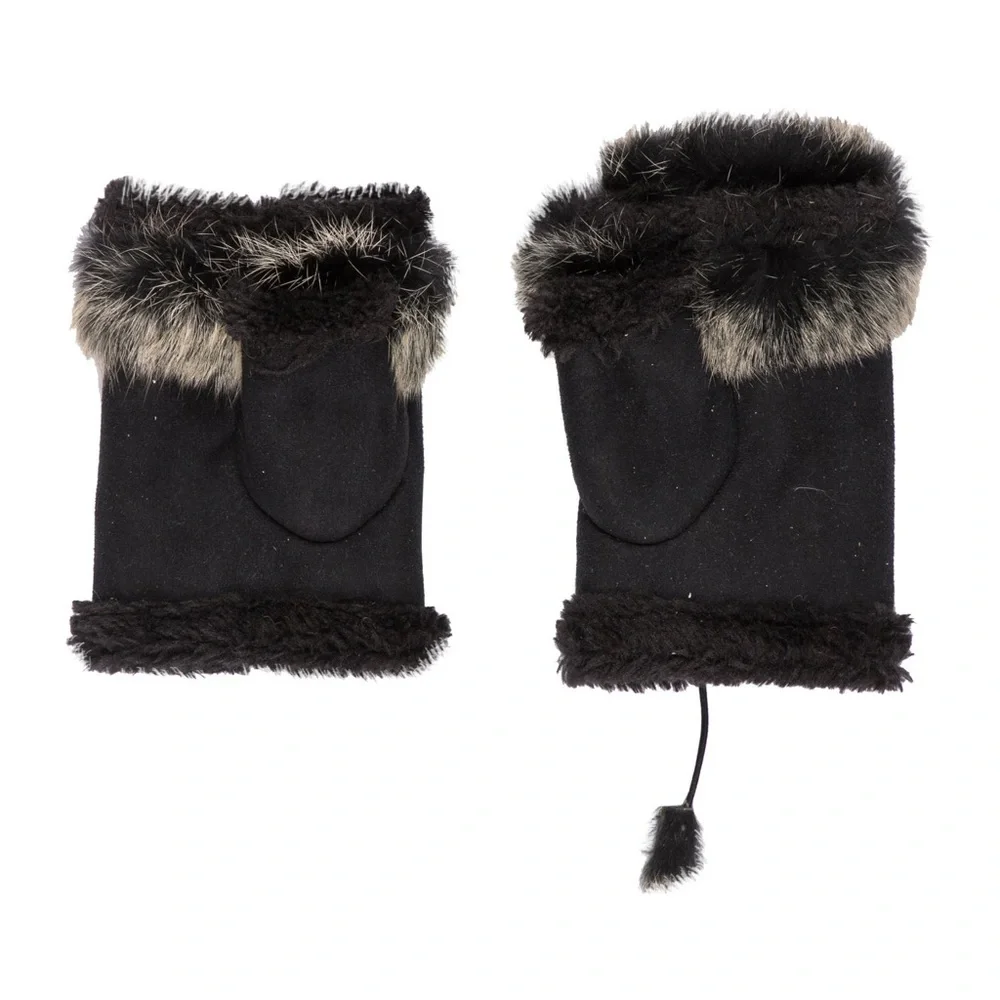 Vintage Shearling Suede Fingerless Gloves Rabbit Fur Trim Black Ivory Mittens